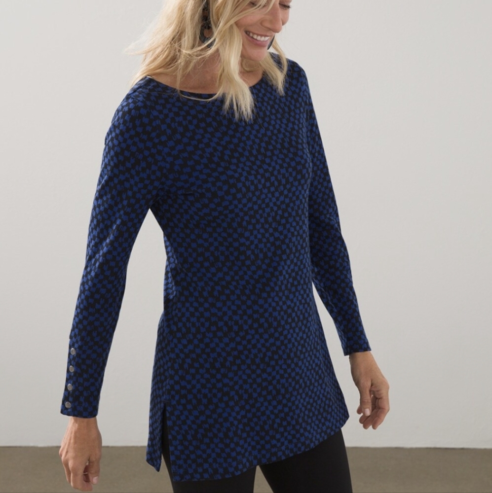 Chico's 100% Pima Cotton Button Sleeve Checker Tunic, size 3
